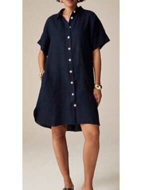 J. Crew Womens Linen Button Down Short Sleeve Shirt Dress Navy Blue Size MT